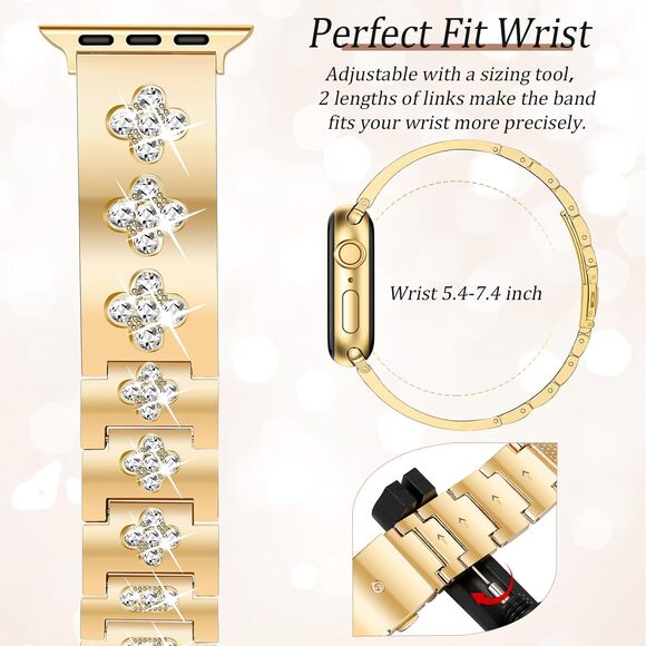 New Newlibery Gold Toned 38mm Four Leaf Clover Apple iWatch Replacement Band - Picture 4 of 8